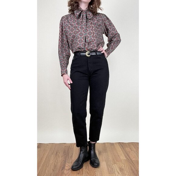 Vintage 70s Pussy Bow Button Down Shirt Blouse Floral Print Boho Preppy Academia - Picture 2 of 10